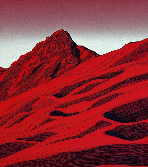 Prompt: andes mountain range winter, red tones, detailed drawing, smooth and sharp black outlines, flat inked colors, scratched shadow, moebius, jean giraud, frank miller