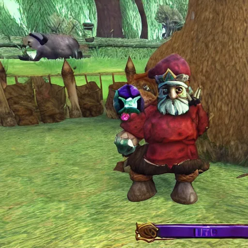 Prompt: WoW classic screenshot of a gnome riding a wild boar, the gnome wears silly T7 armor