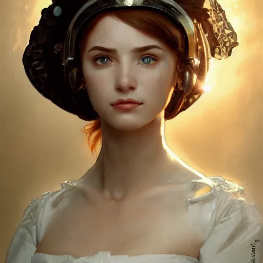 Prompt: portrait of a young woman wearing an elegant white dress and a knight helmet, scared, intricate, headshot, highly detailed, digital painting, artstation, concept art, sharp focus, cinematic lighting, illustration, art by artgerm and greg rutkowski, alphonse mucha, cgsociety