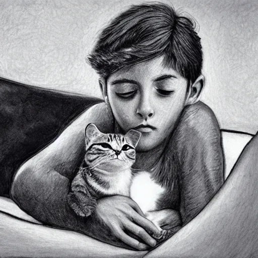 Prompt: a cat sitting on the head of a boy sleeping on a couch, by gerald grom