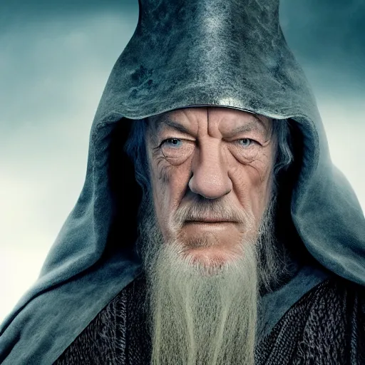 Prompt: distant landscape photo of the evil ian mckellen as gandalf in a dark viking hood playing odin all father from the thor movie crafting a neural network with synapses on am anvil, highly detailed, cinematic shot, cinematic lighting, 8 k, exquisit facial detail