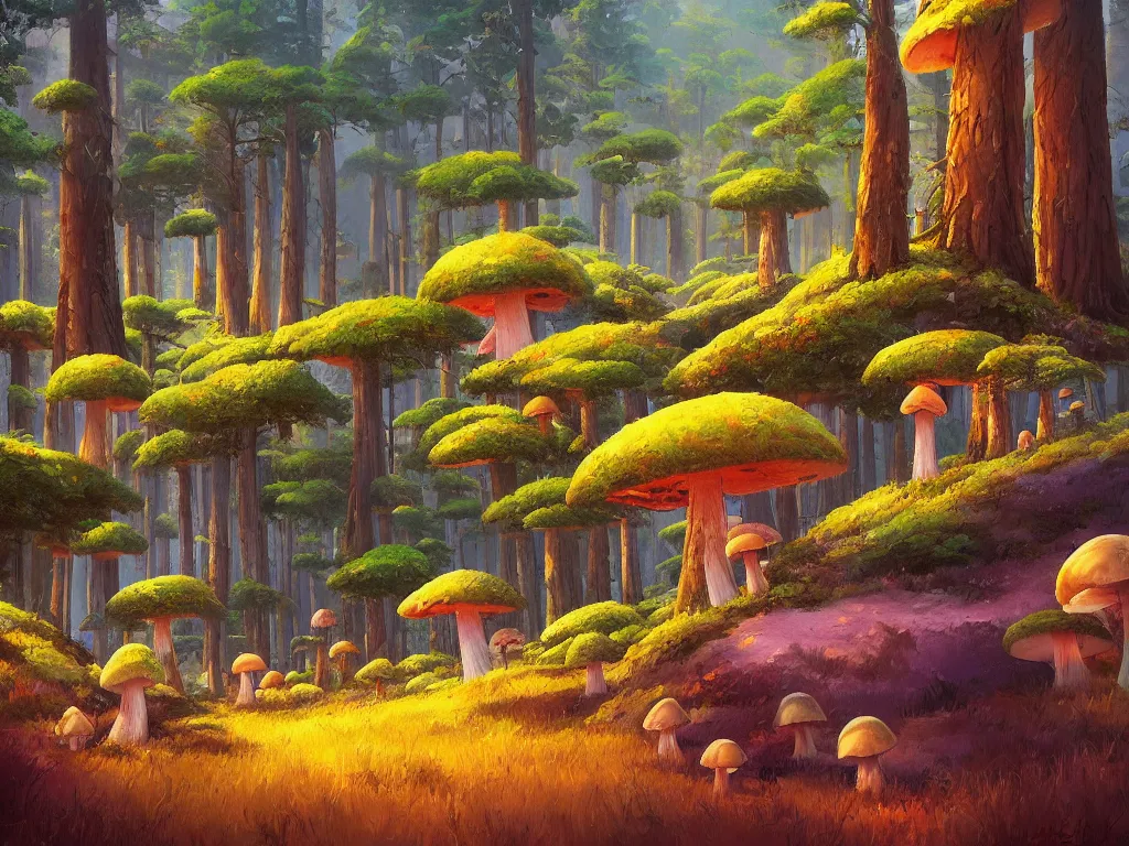 Prompt: A beautiful painting of a pine forest with mushroom villages, tiny cottages in the form of mushrooms, Digital Art by RHADS, Trending on artstation