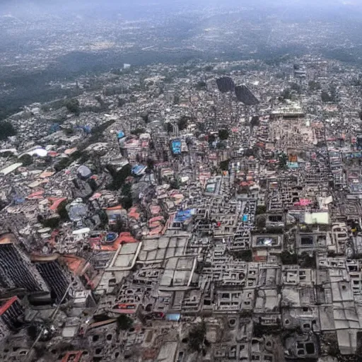 Image similar to remarkable airplane view of a cyberpunk mayan city in guatemala and it is graced by a huge sacred futuristic cyberpunk temple