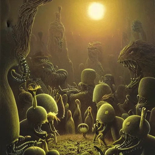 Image similar to a hyperrealistic painting of an alien god preaching to a congregation of small furry creatures in the middle of an alien jungle, bioluminescent plants, by john kenn mortensen and zdzislaw beksinski, highly detailed, vivid color,