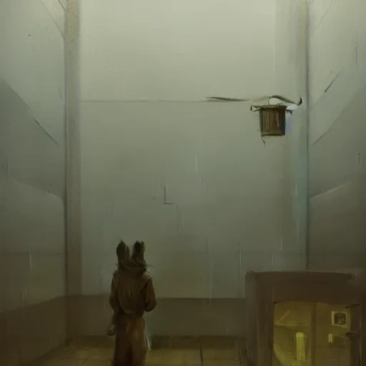 Image similar to shakespeare standing in a damp prison cell, dimly lit, painting, simon stalenhag, blue and yellow color scheme, moody concept art artstation hyperdetailed