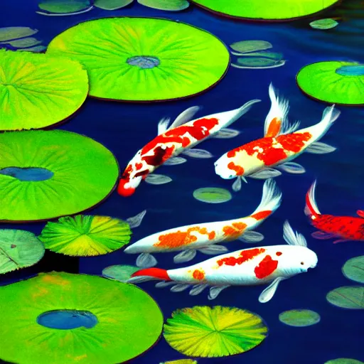 Prompt: koi pond, blue water, koi swimming, water lilies, lily pads, rain drops, water ripples, overhead view, studio ghibli style