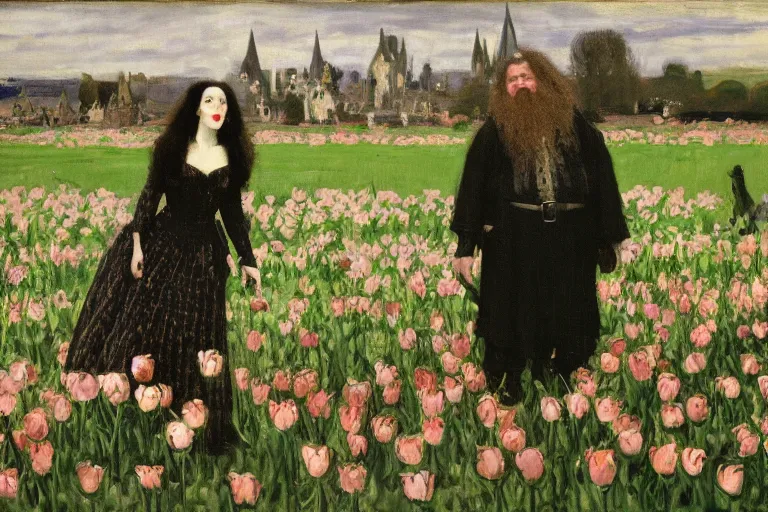 Image similar to hagrid the viking and morticia addams kiss in a field of tulips, masterpiece, highly detailed, oil on canvas, art by walter sickert, john singer sargent, and william open