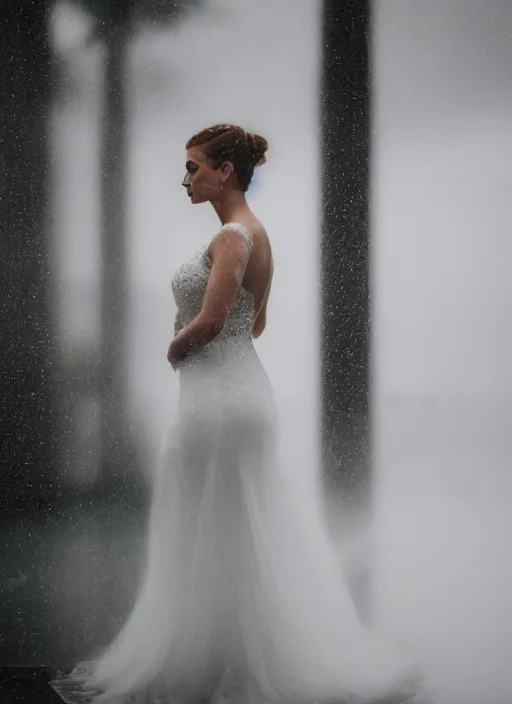 Image similar to symmetry!! a 2 8 mm macro photo of a woman in a formal gown standing in the rain, misty, morning, splash art, movie still, bokeh, canon 5 0 mm, cinematic lighting, dramatic, film, photography, golden hour, depth of field, award - winning, anamorphic lens flare, 8 k, hyper detailed, 3 5 mm film grain