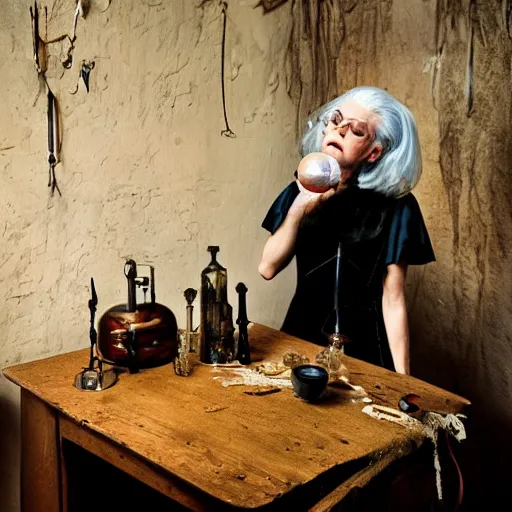 Image similar to a full body protrait beautifull witch with white hair in old room. A cristal ball on a wood table with a potions and old instruments. A cat on the floor licking his paw. photorealistic, profesional photo, by Steve McCurry