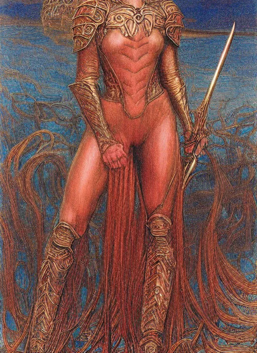 Image similar to malenia from elden ring drawn by jean delville, armor, red hair