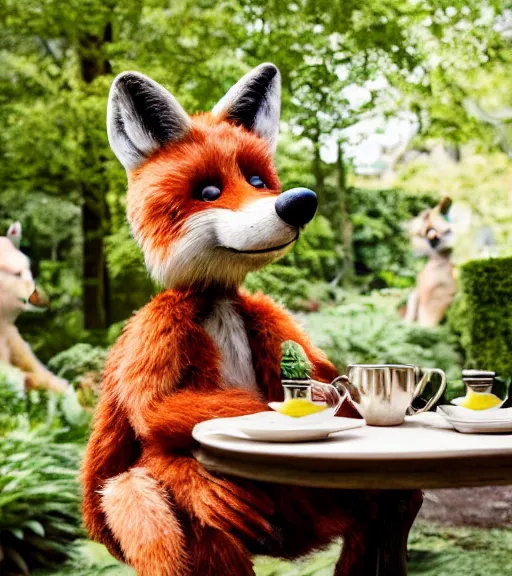 Image similar to film still from the movie chappie outdoor park plants garden scene bokeh depth of field sitting down at a table having a delicious grand victorian tea party crumpets close up masterpiece portrait of a furry anthro anthropomorphic stylized fox wearing suit