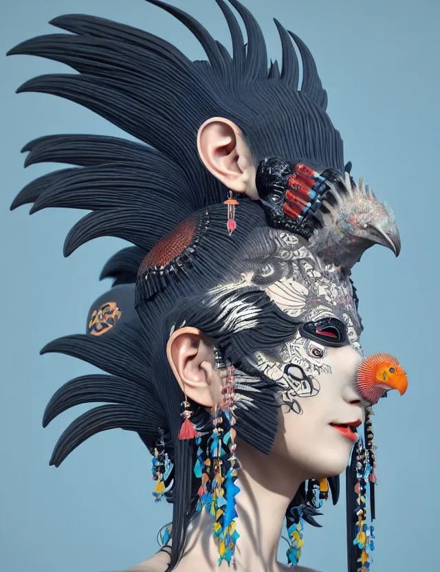 Image similar to 3 d goddess close - up profile simple portrait punk with mohawk with goat skull. beautiful intricately detailed japanese crow kitsune mask and clasical japanese kimono. betta fish, jellyfish phoenix, bio luminescent, plasma, ice, water, wind, creature, artwork by tooth wu and wlop and beeple and greg rutkowski