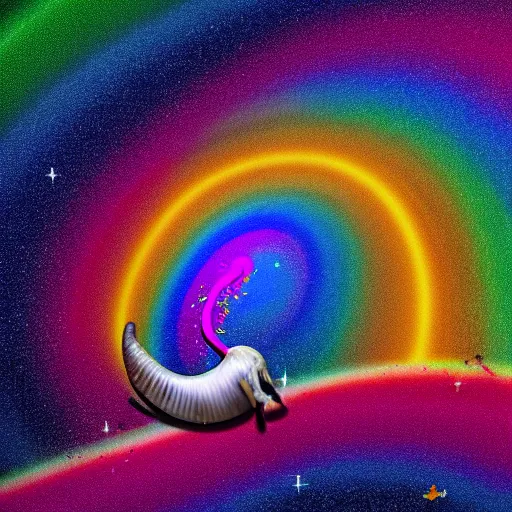 Prompt: A Hyper Space Snail leaving a Trail of Oil Slick Rainbow while it performs violin for the insect kingdom HDR