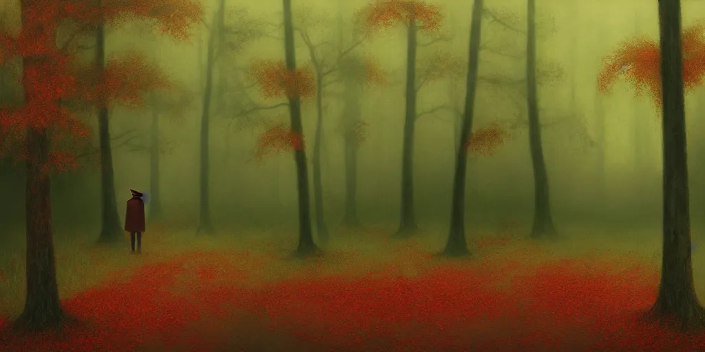 Image similar to a door in an autumn forest, green and red tones, by Aron Wiesenfeld, cinematic, detailed illustration, nature, fog, dark colors, suspense, intricate, 8k