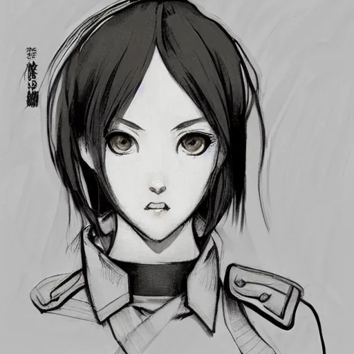 Image similar to manga style, black and white, thin line art, portrait of a girl, shoulder eyes, trench and sandbags in background, soldier clothing, military gear, short hair, hair down, symmetrical facial features, round face, paper sketch, detailed drawing, by alphonse mucha, greg rutkowski, satoru sao