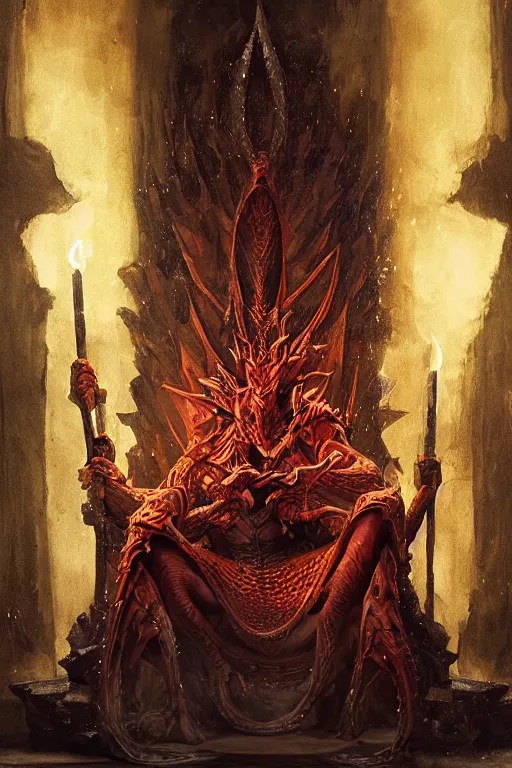 Image similar to 0 a dragon king sits on a throne by greg rutkowski magic realism hyper realistic 2 0 0 mm lens candlelight