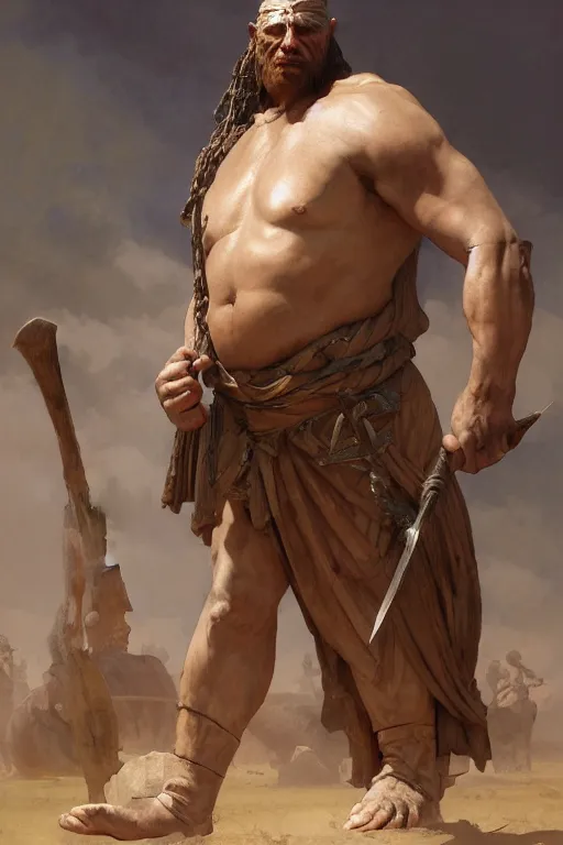 Image similar to ancient historically accurate depiction of the Bible Character Goliath of Gath, the Philistine warrior giant by frank miller, illustration by Ruan Jia and Mandy Jurgens and William-Adolphe Bouguereau, Artgerm, 4k, digital art, surreal, space dandy style, highly detailed, godsend, artstation, digital painting, concept art, smooth, sharp focus, illustration by Ruan Jia and Mandy Jurgens and William-Adolphe Bouguereau, Artgerm