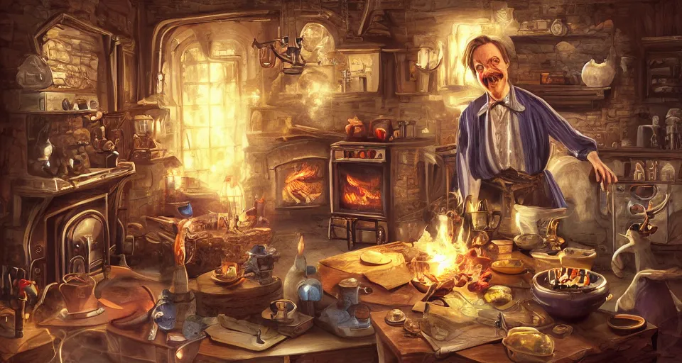 Prompt: a close - up of steve buscemiin a vintage magical kitchen, with a fireplace in the background d & d, fantasy, intricate, elegant, digital painting, artstation, concept art, smooth, sharp focus, sticker illustration