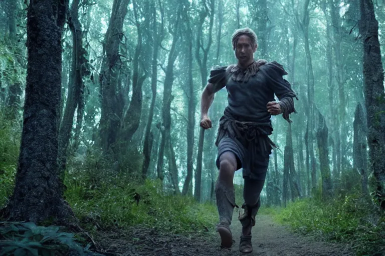 Image similar to still from a fantasy movie, a man running through the forest, muted colors, motion blue, action, 8 k, cinematic, very detailed face, hyperrealistic, movie still frame, promotional image, imax 7 0 mm footage