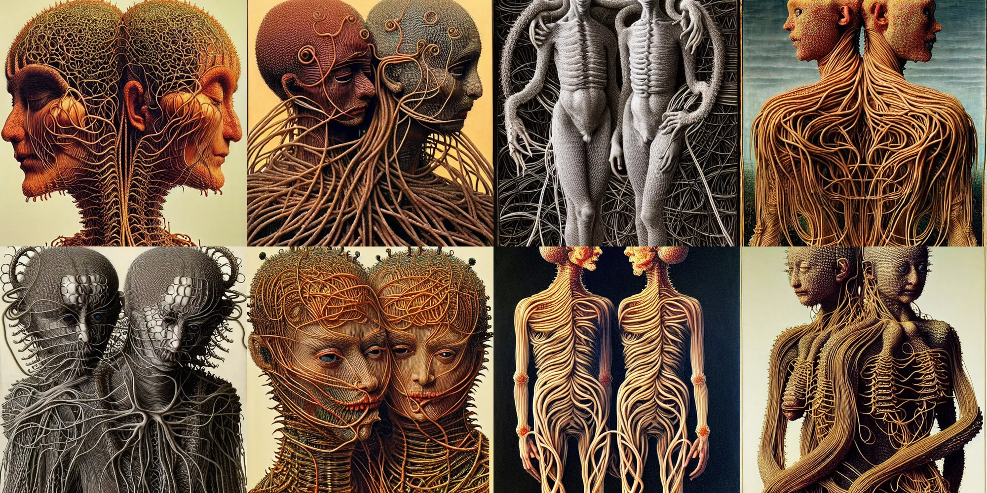 Prompt: ( ( ( ( zoomed out ) ) ) ) of siamese twins made of spaghetti, intricate and elegant armor made of fractals of spagetthi, highly detailed, by giuseppe arcimboldo and ambrosius benson, renaissance, a touch of beksinski and takato yamamoto, realistic