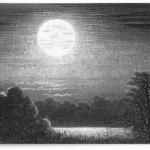 Prompt: a distant city, trees, night, full moon, clouds, chiaoscuro, illustration by Gustave Doré