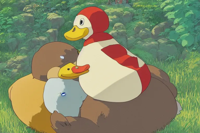 Prompt: a bright cute studio ghibli painting of a totaro sized duck hugging a woman, beautiful lighting, in the style of studio ghibli, artwork by Hayao Miyazaki and Isao Takahata, highly detailed, 8K, smooth, cinematic, vibrant colors, trending on artstation, japanese animation, stunning artistry and soaring imagination