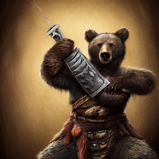 Prompt: realistic bear playing triangular ukulele, for honor character digital illustration portrait design, by noah bradley in a dark fantasy style, dramatic lighting, hero pose, wide angle dynamic portrait