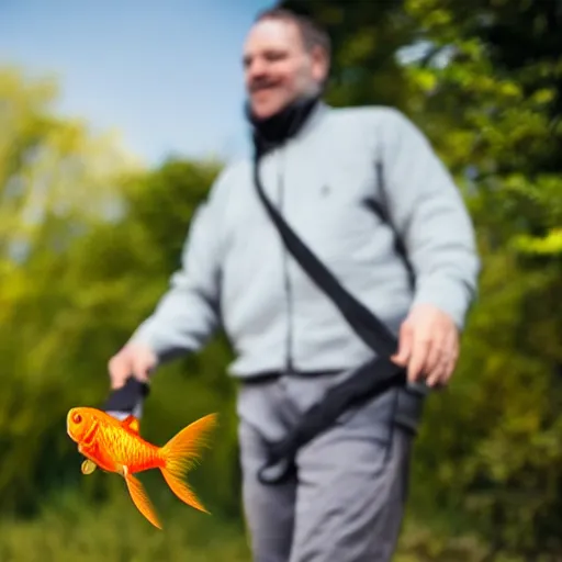 Image similar to a man taking his goldfish for a walk.