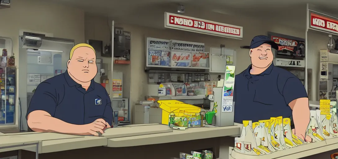 Image similar to bobby hill from king of the hill working behind the counter of a gas station, 8 k, hd, movie still