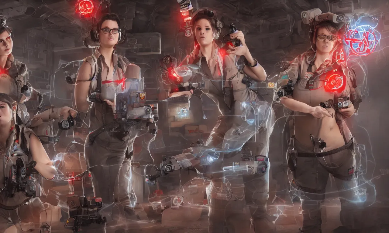 Prompt: Sexy female Ghostbusters covered in Exoplasma, Movie Poster, beautiful detailed intricate insanely detailed 3D render digital art, octane render, 8K artistic portrait photography, photorealistic digital art, realistic volumetric lighting