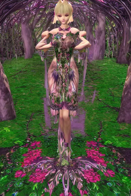 Image similar to cute female forest spirit wearing floral cybernetic hungarian valentino resort mystical angelic dress in a 3 d psx ps 2 jrpg style, overgrown esoteric cyber cathedral sanctuary, fashion gameplay screenshot, highly detailed, morning pink gold light