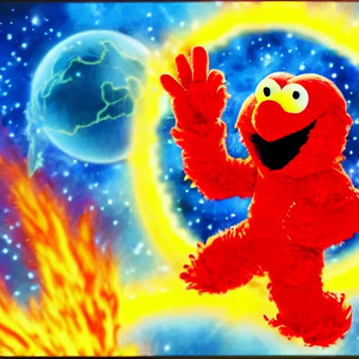 Prompt: Elmo in space firing a Kamehameha towards the Earth