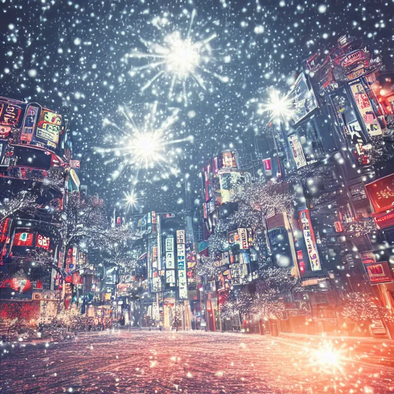 Image similar to beautiful and highly detailed 3 d render of tokyo with many lights and lens flares, snowy winter christmas night