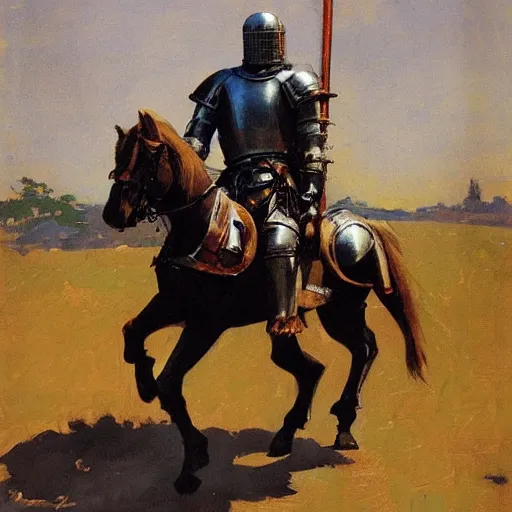 Image similar to portrait of medieval knight on horseback, with jousting gear by greg manchess, bernie fuchs, walter everett, lost edges