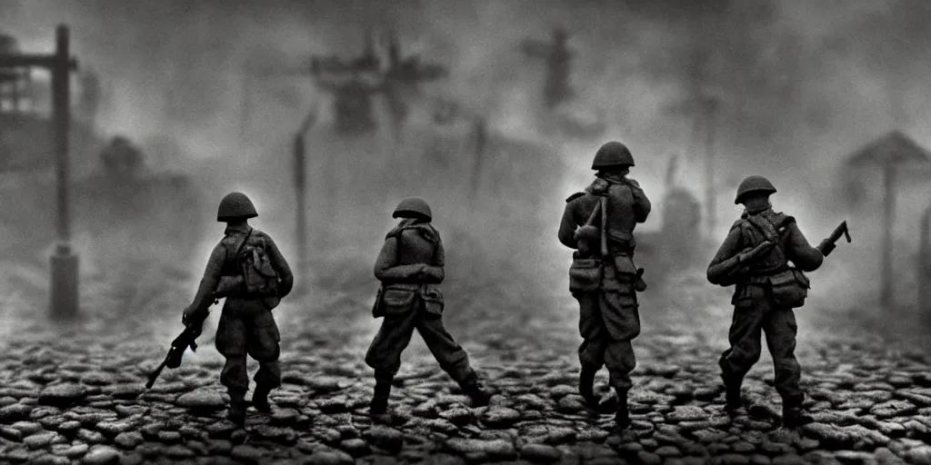 Image similar to world war 2, extremely detailed claymation art, dark, moody, foggy