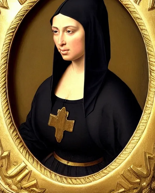 Image similar to kim kardashian as armored battle nun, delicate detailed medieval portrait in the style of eugene de blaas, perfect face