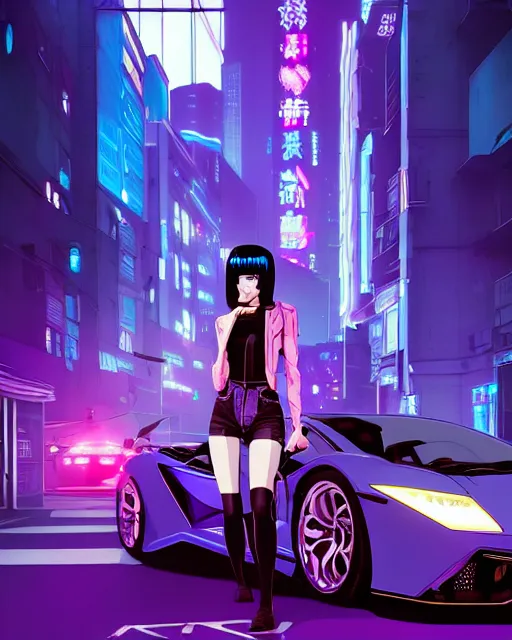 Image similar to digital illustration of cyberpunk pretty girl with blue hair, standing in front of a purple lamborghini, in city street at night, by makoto shinkai, ilya kuvshinov, lois van baarle, rossdraws, basquiat