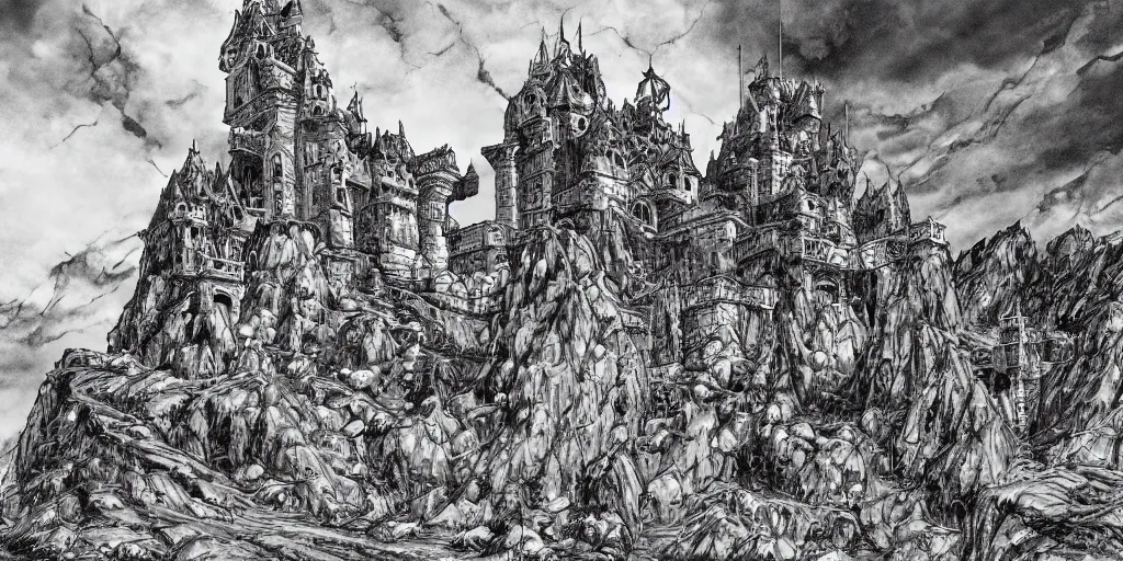 Image similar to illustration of a fantasy Castle in the middle of the desert, monochrome, manga style, by Kentaro Miura, sharp, dramatic lighting