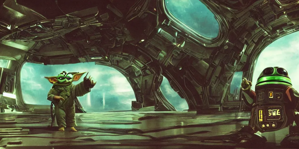 Image similar to a 3 d rendered movie still, wide - angle shot, 1 0 0 meter in the distance, baby yoda wearing a spacesuit, and exploring cosmos in a super awesome space ship. dramatic lighting, imax, 7 0 mm. science fiction blockbuster movie, silent running.