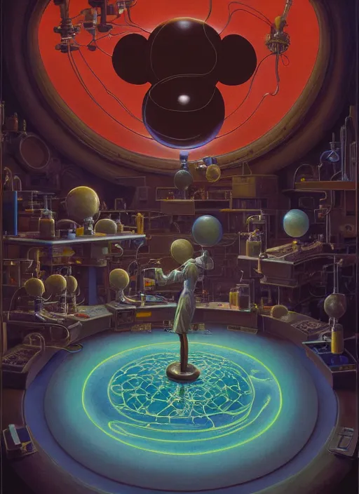 Prompt: scientists in laboratory, single giant mickey mouse face by donato giancola and greg rutkowski and wayne barlow and zdzisław beksinski, netflix logo, military base, colored gels, studio photography, 3 5 mm film look