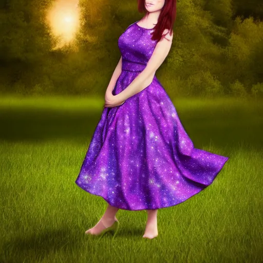 Image similar to an hd photo of a young woman with short brown hair and green eyes, purple dress, beautiful trees in the background, night sky with stars and galaxies, trending on artstation