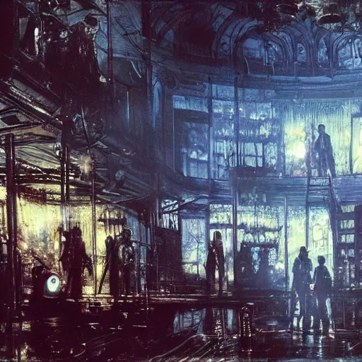 Image similar to scene from movie fightclub, painting of neon lit hr giger interior, floral ornaments, light beams night, scene from fightclub movie, andreas achenbach