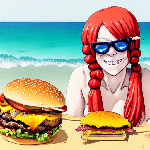 Prompt: Extremely Detailed and Full Portrait scene of Gooey Ocean scene in ink and refined sand, Red head pigtail anime woman with freckles on her face and shades on face. wearing a sundress full body smiling while eating a sloppy cheese burger. The cheeseburger is leaking red sauce all over the place by Akihito Yoshitomi AND Yoji Shinkawa AND Greg Rutkowski, Mark Arian trending on artstation