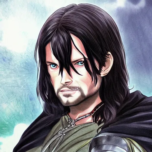 Image similar to aragorn in an anime world, incredibly detailed