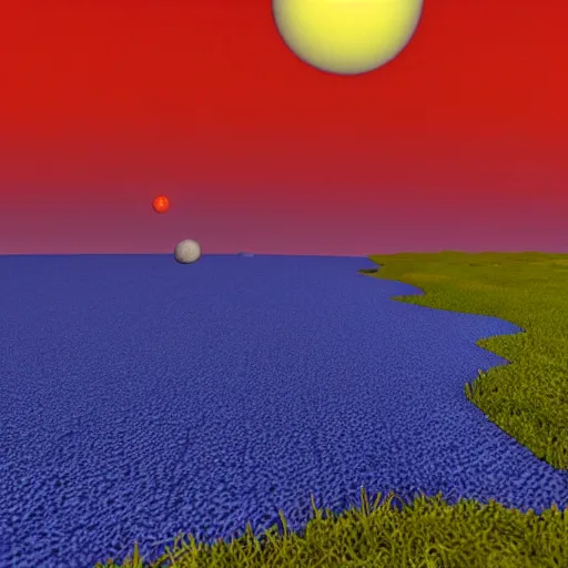 Prompt: alien planet with blue field grass, yellow dirt, a red brick road, and three orange moons. ray tracing, volumetric lighting, extremely detailed and sharp