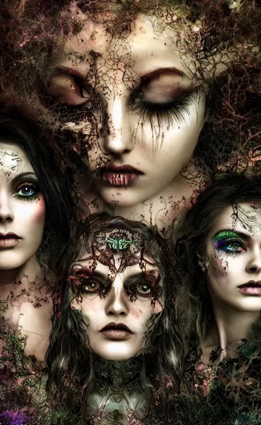 Prompt: three stunning otherworldly gothic goddesses of beauty wearing psychedelic wicca, dark and mysterious, atmospheric, ominous, eerie, cinematic, epic, 8 k, 4 k, ultra detail, ultra realistic, rendered by awesomeness