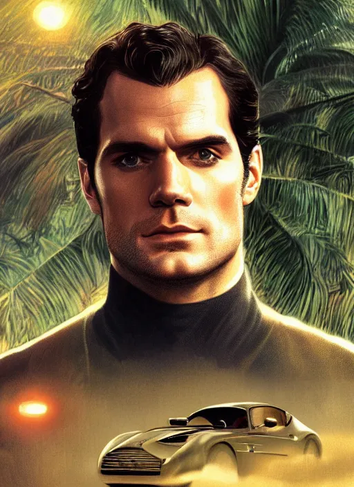 Image similar to portrait of henry cavill as james bond, key art, palm trees, vintage aston martin, highly detailed, digital painting, artstation, concept art, cinematic lighting, sharp focus, illustration, by gaston bussiere alphonse mucha