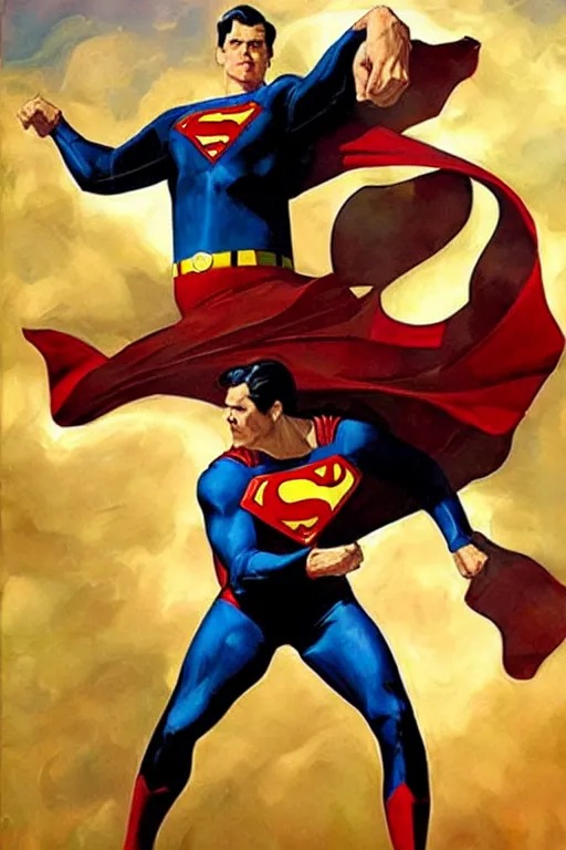 Image similar to superman vs homelader, painting by jc leyendecker!! phil hale!, angular, brush strokes, painterly, vintage, crisp