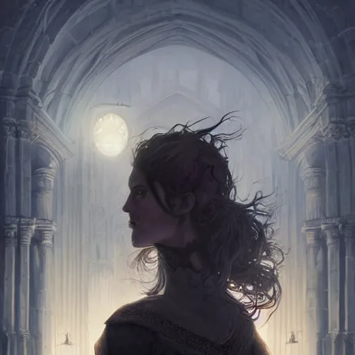 Image similar to A digital painting of a Grim Reapper, ancient catedral behind her, intricate, cinematic lighting, highly detailed, digital painting, Artstation, concept art, smooth, sharp focus, illustration, art by Tom Bagshaw, Artgerm and Greg Rutkowski