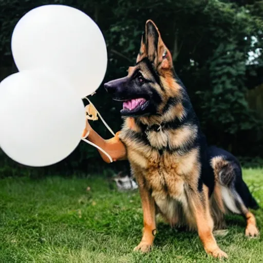 Image similar to a cartoon of a German shepherd playing with balloons